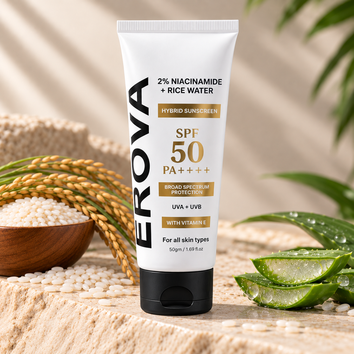 Sunscreen - SPF 50 PA++++ 2% | 2% Niacinamide & Rice Water With Vitamin E | UVA & UVB | Lightweight Gel | Non-Greasy Formula with New-Gen UV Filters | (50 g)