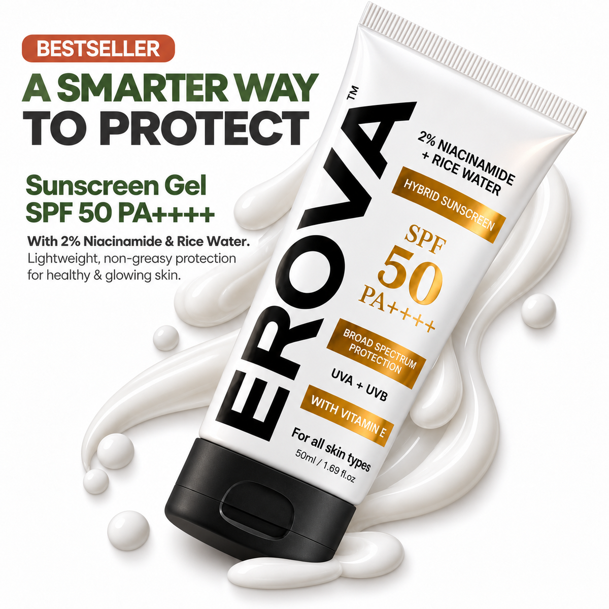 Sunscreen - SPF 50 PA++++ 2% | 2% Niacinamide & Rice Water With Vitamin E | UVA & UVB | Lightweight Gel | Non-Greasy Formula with New-Gen UV Filters | (50 g)